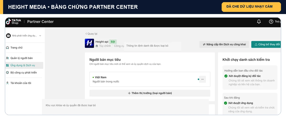 Height-api hiển thị trạng thái Bật và hoàn tất các bước xét duyệt trên TikTok Shop Partner Center
